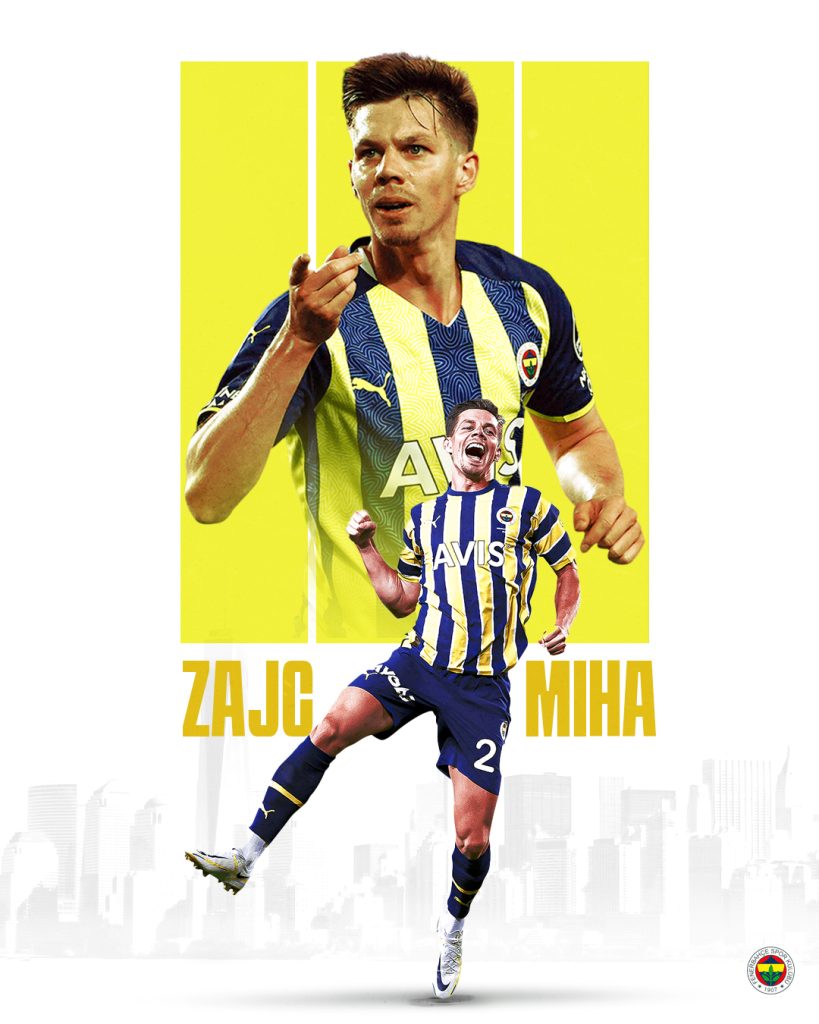 Yellow and navy football poster featuring Miha Zajc