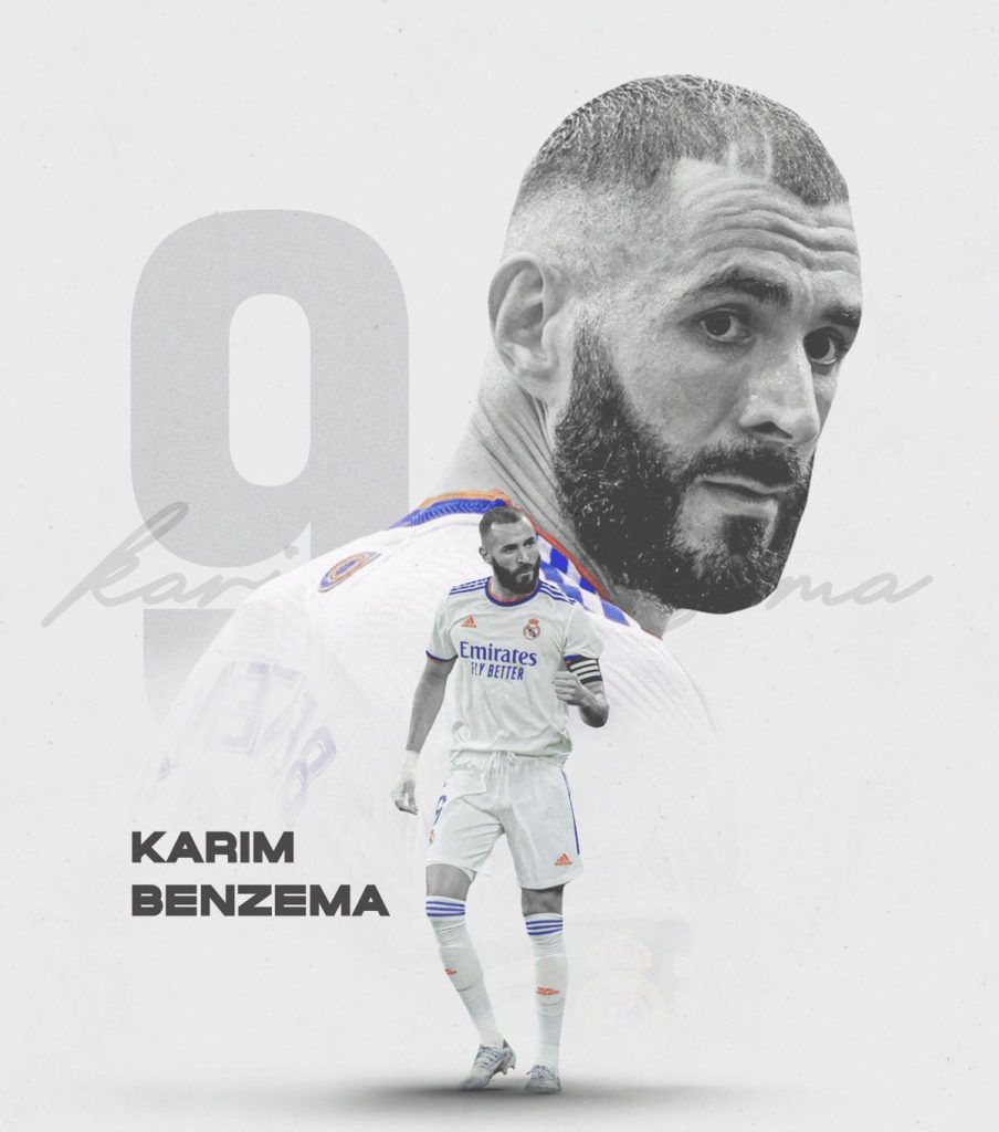 Monochrome football poster featuring Karim Benzema.